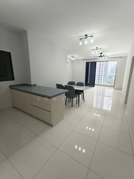 Dining features: grey dining table with four chairs, white walls, glossy white tile flooring, recessed LED downlights, floor-to-ceiling windows, sliding glass door, kitchen island with storage, modern cabinetry; style: modern; view: city.