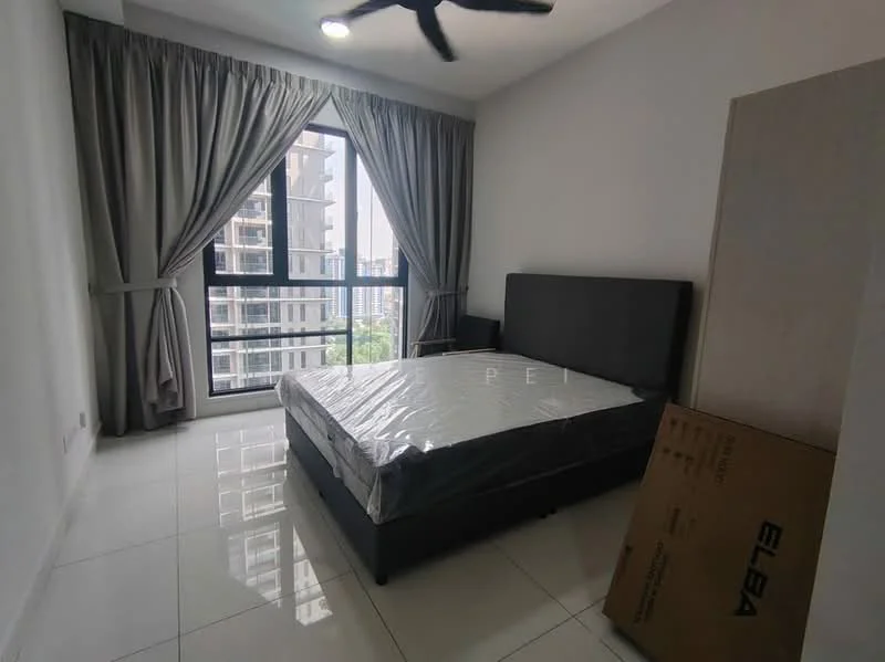 Bedroom features: king-size bed with mattress, floor-to-ceiling windows, grey curtains, white painted walls, polished ceramic tile flooring, ceiling fan, built-in wardrobe, decorative wall panel, box for storage; style: modern; view: city.