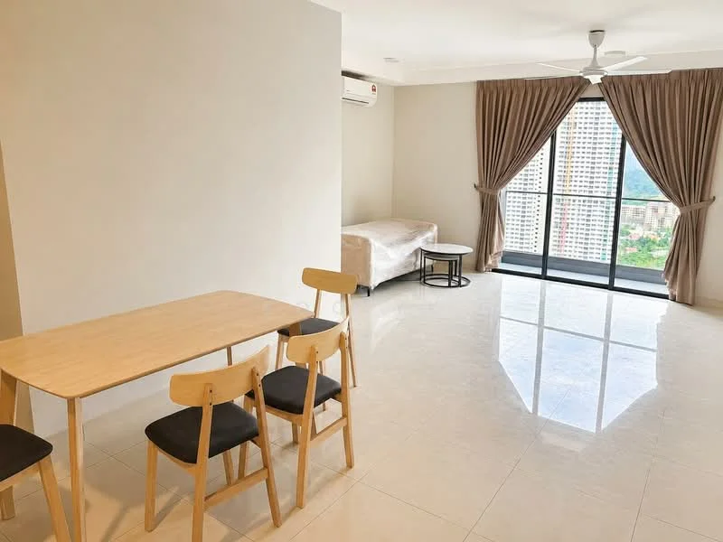Living features: large floor-to-ceiling windows, grey curtains, white painted walls, marble tile flooring, 5-blade ceiling fan, sofa in beige, black coffee table, dining table with four wooden chairs; style: modern; view: city.