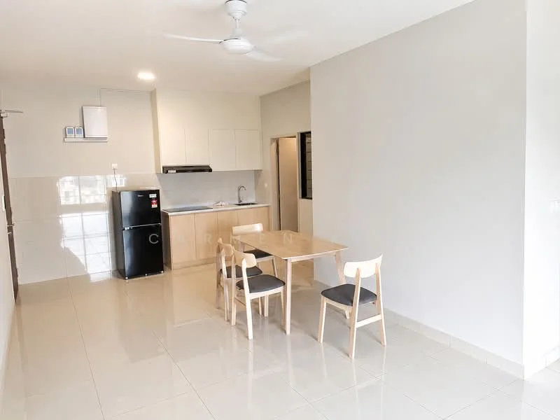 Kitchen features: white painted walls, glossy tile flooring, ceiling fan, single-bowl stainless-steel sink, chrome pull-down faucet, laminate countertop, white cabinetry, built-in oven, stainless-steel fridge, 2-seater dining table, 4 dining chairs; style: modern.
