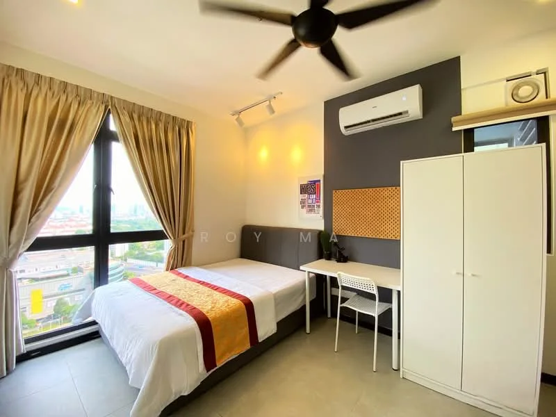 Bedroom features: queen-size bed with white bedding, decorative throw blanket in orange and red, floor-to-ceiling windows, city view, light brown curtains, white desk with chair, wall-mounted air conditioning unit, grey accent wall, built-in wardrobe, ceiling fan with light, tile flooring; style: modern; view: city.