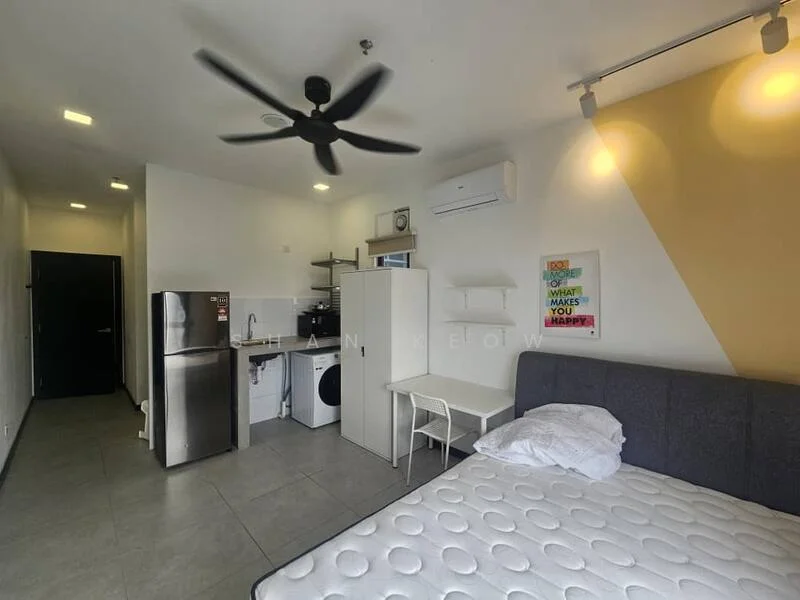 Room features: grey upholstered bed, white mattress, 5-blade ceiling fan, wall-mounted air conditioning unit, stainless-steel fridge, white kitchen cabinetry, built-in washing machine, white dining table, grey tiled flooring, wall-mounted shelf, decorative wall art, recessed lighting; style: modern.