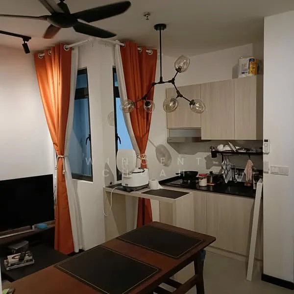 Kitchen features: black countertop, wood cabinetry, stainless-steel sink, chrome pull-down faucet, built-in stove, microwave, kettle, cooking utensils, 2-seater dining table, pendant light fixture, orange curtains, floor-to-ceiling windows, wall-mounted TV; style: modern.