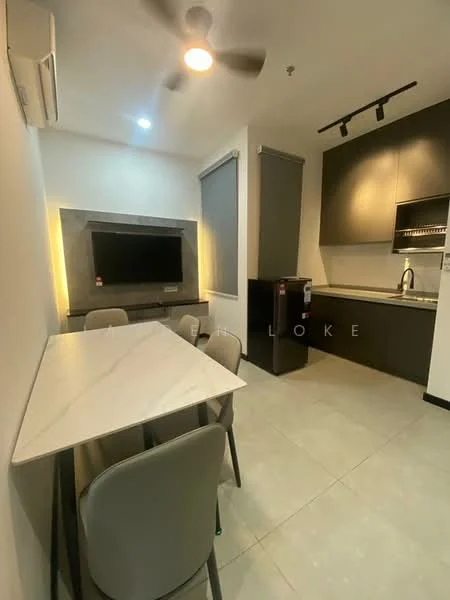 Dining features: 4-seater dining table with marble top, grey upholstered dining chairs, wall-mounted TV, kitchenette with black cabinetry, stainless-steel sink, chrome pull-down faucet, built-in oven, refrigerator, light grey tile flooring, ceiling fan, recessed downlights, window with roller blinds; style: modern.
