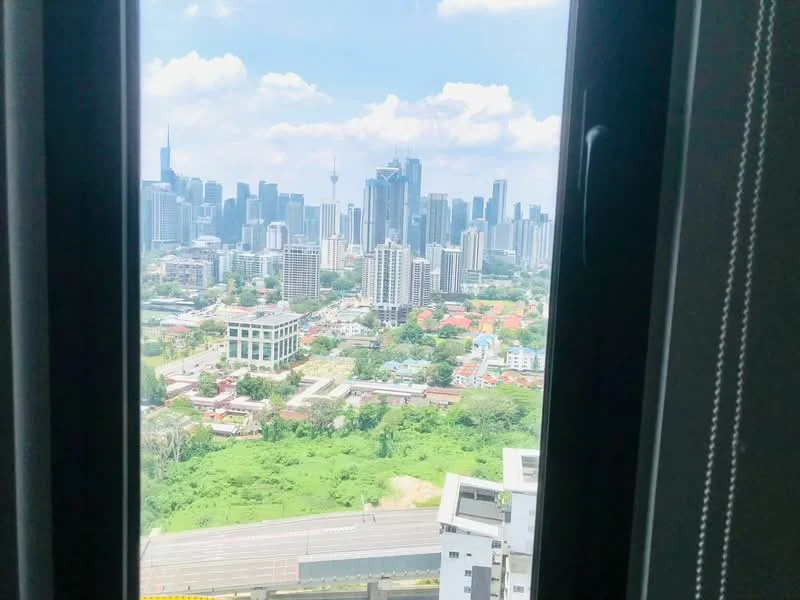 Exterior type: high-rise condominium; features: city skyline view, surrounded by greenery, urban landscape, visible roads, high-rise buildings, mixed-use development; style: modern.
