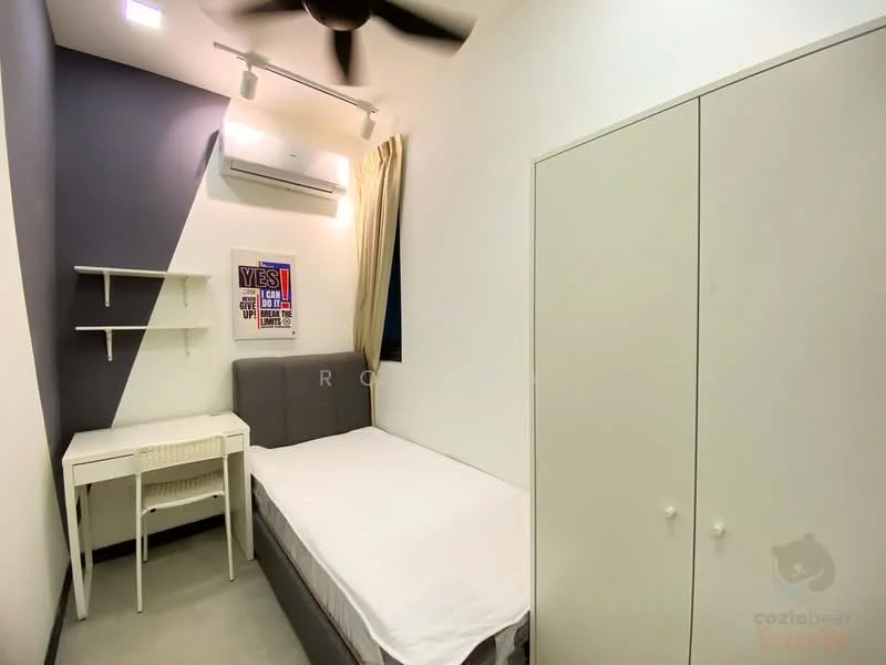 Bedroom features: white painted walls, grey accent wall, concrete flooring, 5-blade ceiling fan, recessed LED downlights, single bed frame, desk with chair, built-in wardrobe, window with curtain; style: modern.