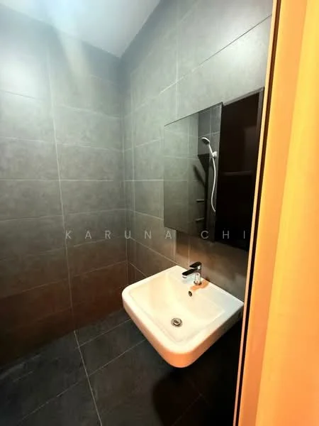 Bathroom features: grey tiled walls, dark grey tiled flooring, wall-mounted mirror, single-bowl sink, chrome basin mixer faucet, shower head, built-in shelving, recessed lighting; style: modern.