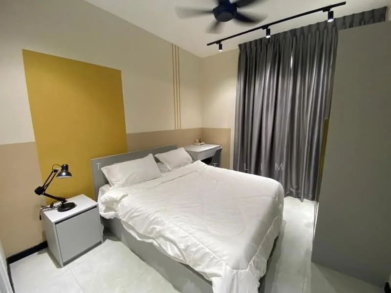 Bedroom features: queen-size bed with white bedding, grey upholstered headboard, 2 bedside tables in white, black desk lamp, floor-to-ceiling grey curtains, accent wall in yellow, cream painted walls, ceiling fan with light, tile flooring; style: modern.