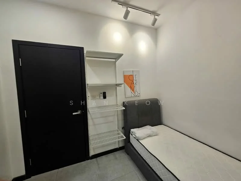 Bedroom features: grey upholstered bed frame, single mattress, black door, white shelving unit, white walls, recessed lighting, tile flooring, minimalist decor; style: modern.