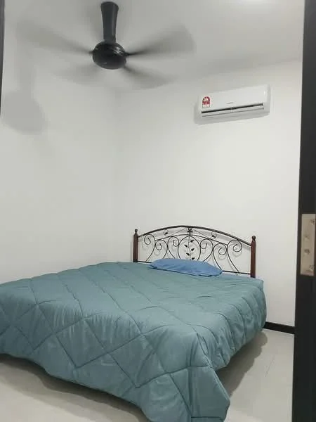 Bedroom features: queen-size bed, blue quilted bedspread, white painted walls, polished tile flooring, 5-blade ceiling fan, wall-mounted split AC, black window frame, decorative headboard; style: modern.