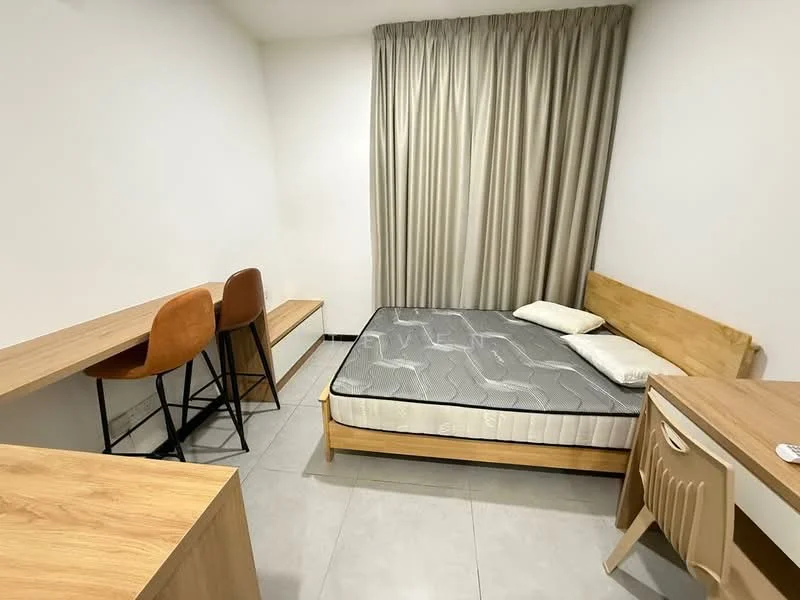 Bedroom features: queen-size bed, wooden bed frame, mattress, two pillows, wooden bedside table, wooden desk, two wooden bar stools, built-in bench seating, grey tile flooring, floor-to-ceiling curtains, white painted walls; style: modern.