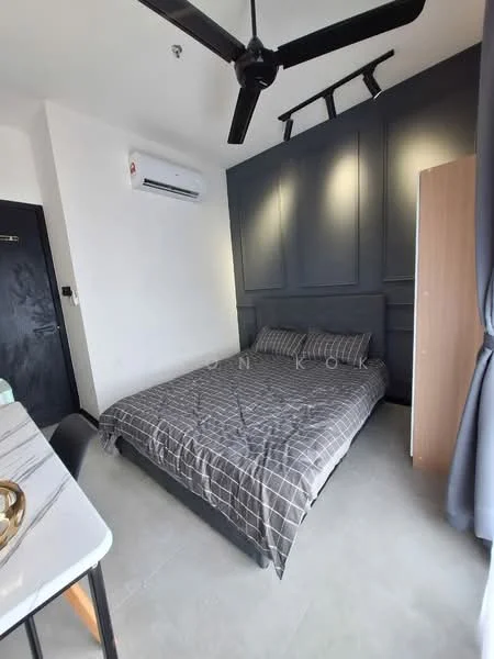 Bedroom features: king-size bed with grey checkered bedding, black ceiling fan, wall-mounted air conditioning unit, dark accent wall with paneling, light grey flooring, curtains in grey, nightstand, built-in wardrobe with wooden finish; style: modern.