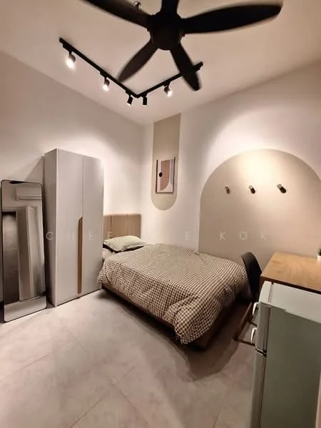 Bedroom features: queen-size bed with checkered bedding, 2 bedside tables, wall-mounted artwork, built-in wardrobe, freestanding fridge, ceiling fan with integrated LED light, recessed lighting, light-colored walls, tile flooring; style: modern.