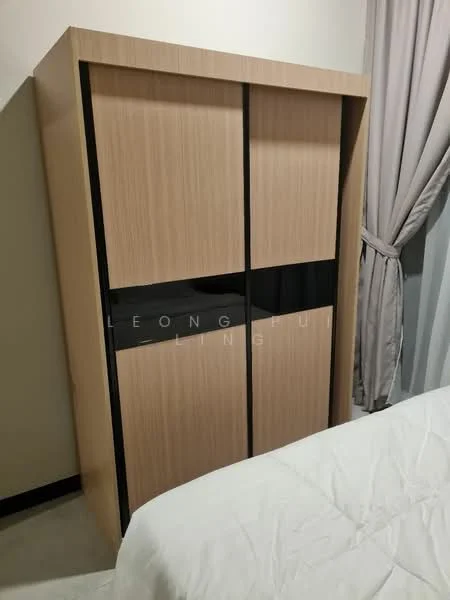 Room features: wooden wardrobe with sliding doors, light wood finish, black accent panels, neutral wall color, curtains in light fabric, bed with white bedding, carpeted flooring; style: modern.