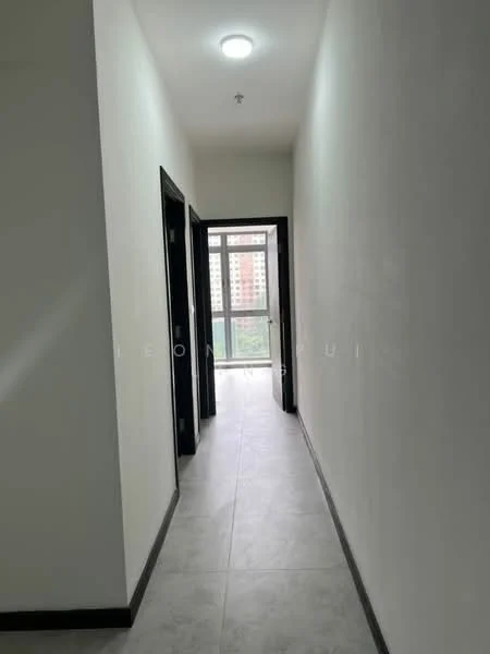 Hallway features: white painted walls, grey tile flooring, recessed ceiling light, black door frames, large window with view, sliding glass door, neutral color scheme, straight corridor layout; style: modern; view: city.