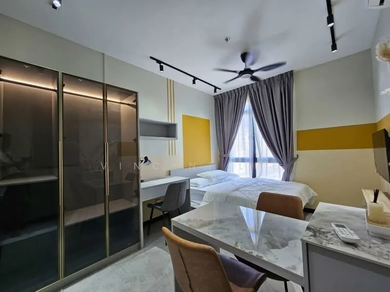 Bedroom features: queen-size bed with white bedding, upholstered headboard, 2 bedside lamps, built-in wardrobe with glass doors, study desk with chair, marble-top dining table, ceiling fan, floor-to-ceiling window with sheer curtains, grey painted walls, yellow accent wall, recessed lighting; style: modern; view: city.