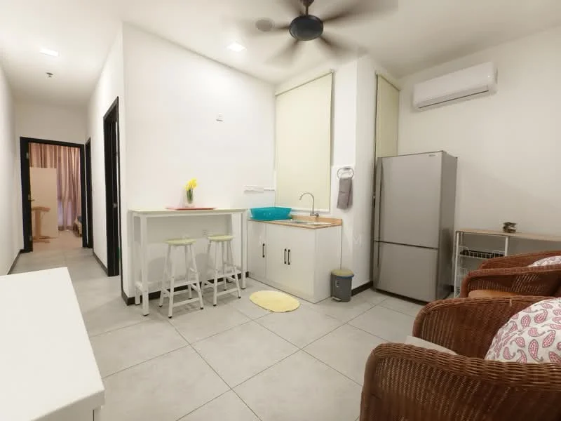 Kitchen features: white painted walls, grey tiled flooring, ceiling fan, single-bowl stainless-steel sink, chrome pull-down faucet, wood countertop, stainless-steel fridge, bar counter with two stools, window with roller blinds, open shelving, kitchen towel holder; style: modern. Living features: two rattan chairs, decorative cushions, small side table; style: modern. Room features: doorway leading to another room.
