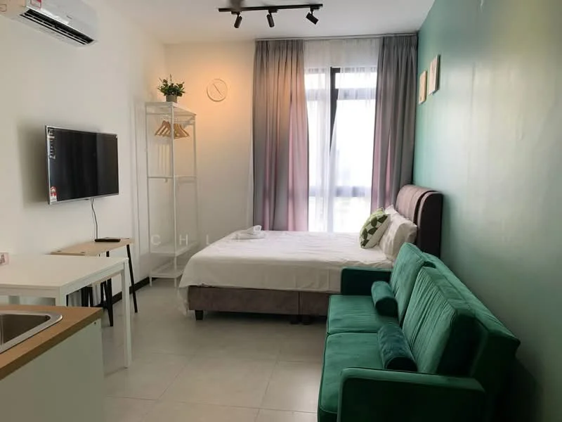 Living features: green fabric sofa, queen-size bed with upholstered headboard, white bedding, wall-mounted TV, white shelving unit, dining table with two chairs, air conditioning unit, floor-to-ceiling window with sheer curtains, light grey walls, tile flooring, track lighting; style: modern; view: city.