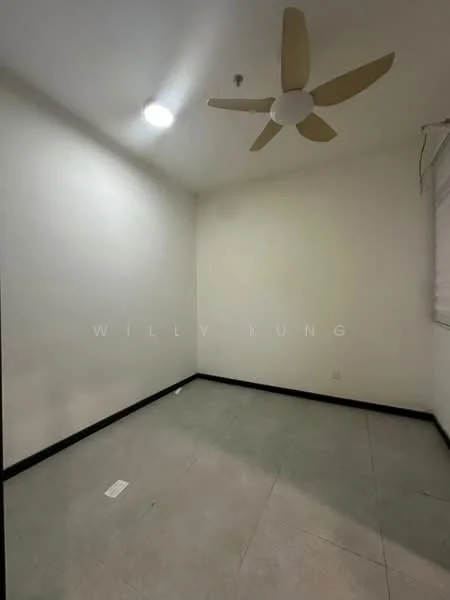 Room features: white painted walls, grey tile flooring, 5-blade ceiling fan, recessed ceiling light, window with blinds.
