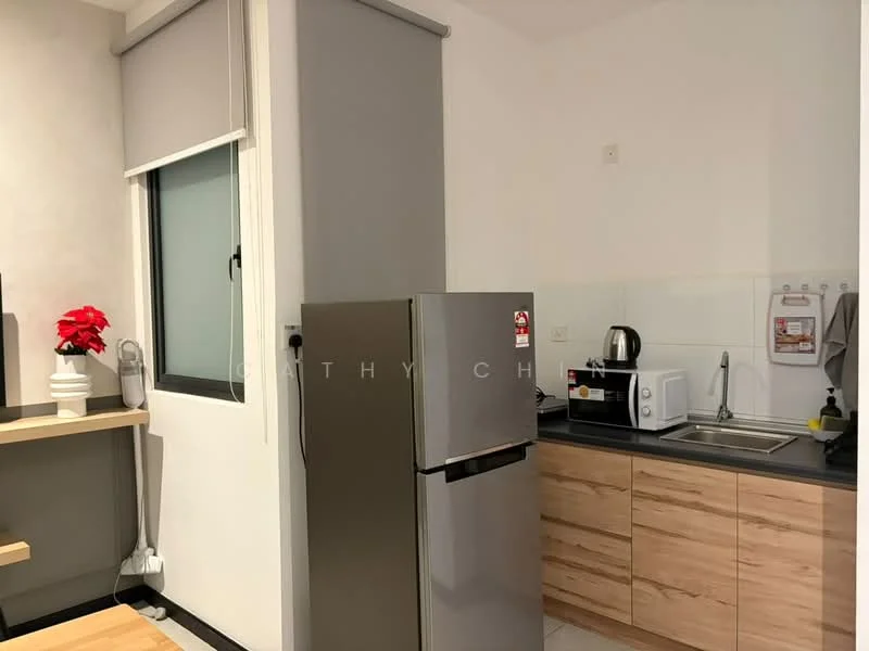 Kitchen features: stainless-steel fridge, built-in microwave, kettle, single-bowl stainless-steel sink, chrome pull-down faucet, laminate countertop, wood cabinetry, tile backsplash, wall-mounted cabinet, grey roller blinds, white walls, light-colored flooring; style: modern.
