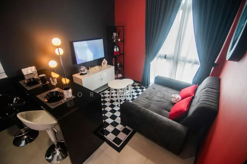 Living features: black and white checkered flooring, grey fabric sofa, red accent pillows, white coffee table, wall-mounted TV, black accent wall, red feature wall, floor-to-ceiling windows with sheer curtains, bar counter with high stools, decorative shelving unit, table lamp; style: modern.