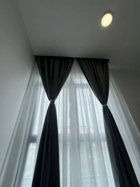 Room features: floor-to-ceiling windows, sheer white curtains, blackout curtains, recessed downlight, white painted walls.