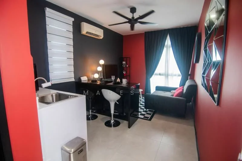 Living features: black accent wall, red painted walls, floor-to-ceiling window, sheer curtains, black sofa, coffee table, area rug with geometric pattern, wall-mounted TV, ceiling fan with light, dining table with white bar stools, kitchenette with stainless-steel sink, countertop with bar seating, decorative mirror; style: modern.