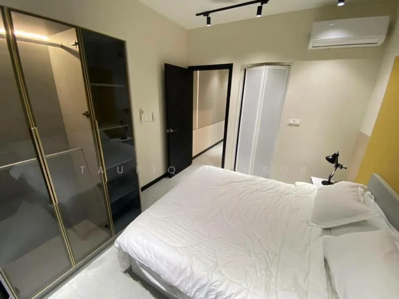 Bedroom features: queen-size bed with white bedding, built-in wardrobe with glass doors, white walls, recessed downlights, wall-mounted air conditioning unit, black bedside lamp, sliding door, grey accent wall, tile flooring; style: modern.