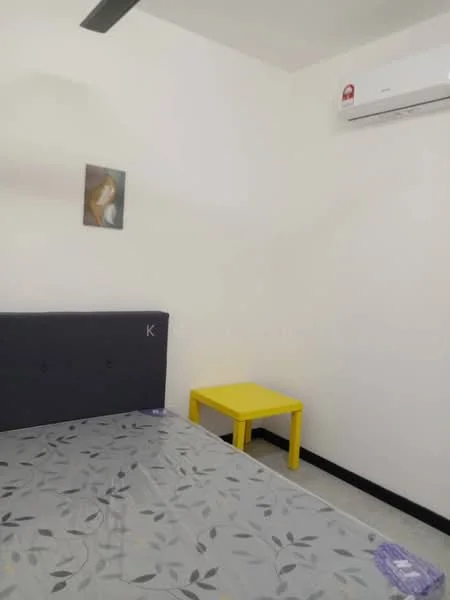 Bedroom features: queen-size bed with grey upholstered headboard, bedding with floral pattern, yellow side table, wall-mounted air conditioning unit, white painted walls, light-colored flooring, decorative artwork on wall; style: modern.