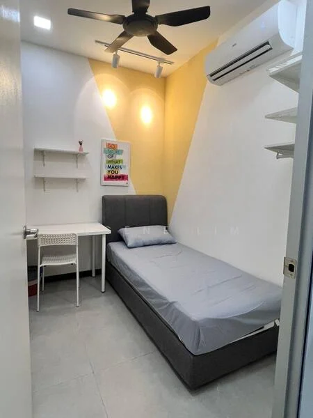Bedroom features: single bed with grey bedding, upholstered headboard, white study desk, white chair, wall-mounted shelves, grey tiled flooring, white painted walls, accent wall in yellow, 5-blade ceiling fan, wall-mounted split AC, recessed downlights; style: modern.
