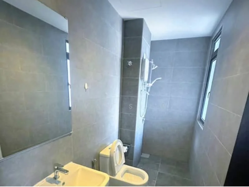 Bathroom features: grey tiled walls, grey tiled flooring, single-sink vanity with white cabinet, chrome basin mixer faucet, framed mirror, one-piece toilet, walk-in shower with glass enclosure, shower head with adjustable height, window for natural light; style: modern.