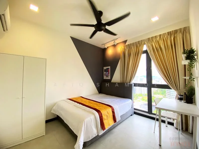 Bedroom features: king-size bed with white bedding, upholstered headboard, 2 bedside lamps, built-in wardrobe with sliding doors, floor-to-ceiling windows, curtains in beige, ceiling fan with light, grey accent wall, light grey tile flooring, study desk, air conditioning unit; style: modern; view: city.