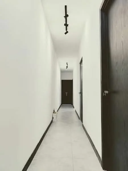 Hallway features: white painted walls, grey tile flooring, track lighting, dark wooden doors, narrow corridor, minimalist design, door with handle, door frame; style: modern.