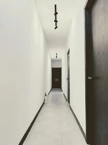 Hallway features: white painted walls, grey tile flooring, track lighting, dark wood doors, black door frames, narrow corridor layout; style: modern.