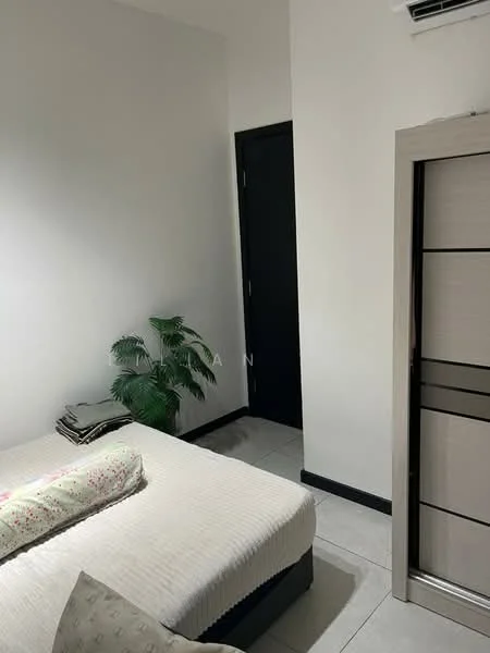 Bedroom features: queen-size bed with white bedding, decorative pillow, black door, built-in wardrobe with sliding doors, light-colored walls, tile flooring, air conditioning unit, potted plant; style: modern.