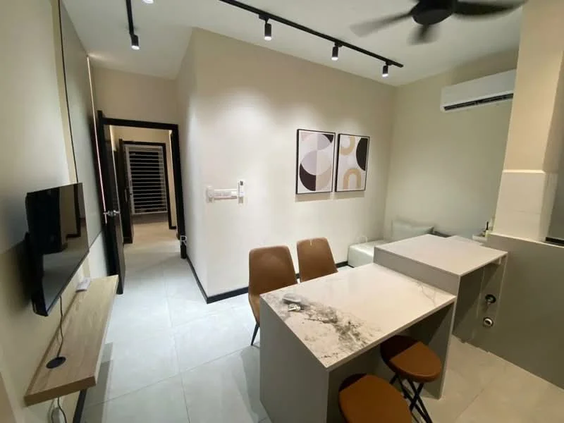Living features: marble countertop, 2 high-backed dining chairs, wall-mounted TV, 5-blade ceiling fan, recessed LED downlights, cream painted walls, light grey tile flooring, open layout, sofa, decorative artwork on walls, air conditioning unit; style: modern.