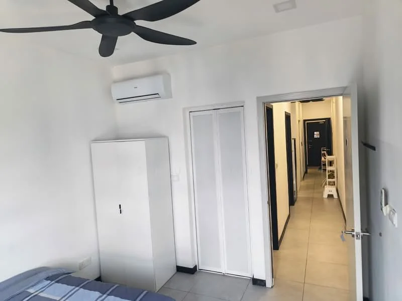 Room features: white painted walls, tile flooring, 5-blade ceiling fan, 1 wall-mounted split AC, built-in wardrobe with sliding doors, white cabinet, doorway leading to hallway; style: modern.