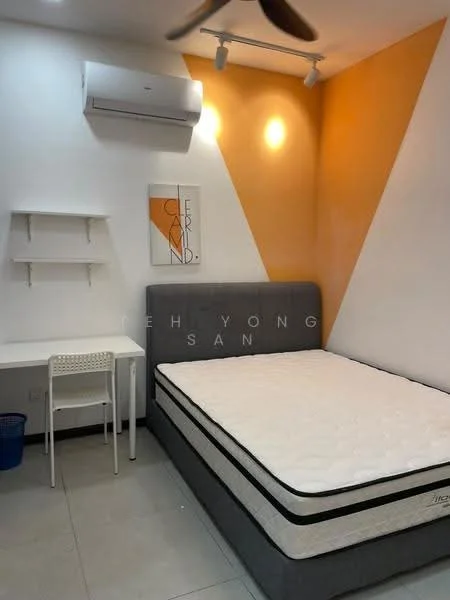 Bedroom features: queen-size bed, grey upholstered headboard, white bedding, study desk with chair, wall-mounted shelf, air conditioning unit, ceiling fan, light orange accent wall, white painted walls, tile flooring, wastebasket; style: modern.