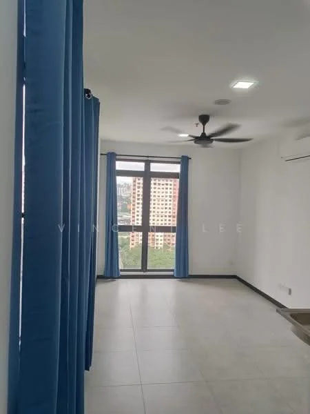Living features: light grey tiled flooring, white painted walls, 5-blade ceiling fan with light, floor-to-ceiling windows, blue curtains, air conditioning unit, city view, recessed ceiling lights; style: modern; view: city.