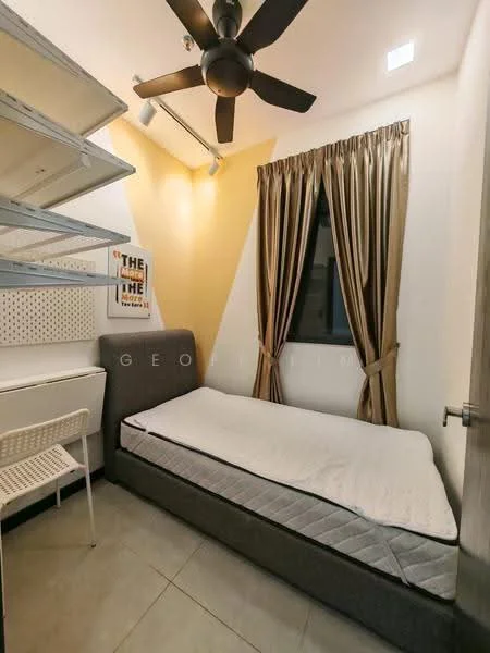 Bedroom features: queen-size bed, grey upholstered bed frame, white walls with yellow accent wall, floor-to-ceiling window, brown curtains, ceiling fan, tile flooring, built-in shelving unit, white desk, white chair; style: modern.
