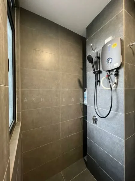 Bathroom features: grey tile walls, grey tile flooring, walk-in shower, shower head, handheld shower, water heater, glass window, shelf for toiletries; style: modern.