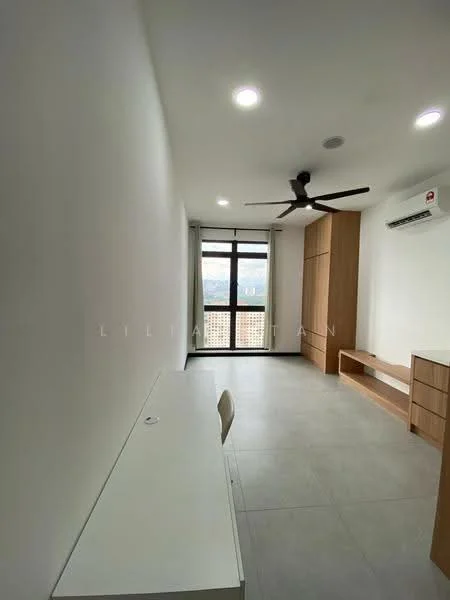 Room features: white painted walls, grey tiled flooring, 5-blade ceiling fan with light, floor-to-ceiling window, curtains, built-in wardrobe, wall-mounted air conditioning unit, desk with chair, wooden console, recessed downlights; style: modern; view: city.