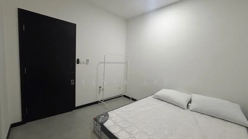 Bedroom features: white painted walls, grey floor tiles, black door, queen-size bed with mattress, metal clothing rack, no visible window treatments, minimalist decor; style: minimalist.