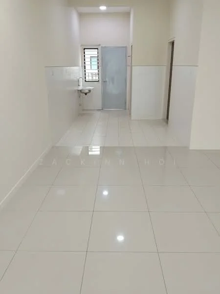 Room features: white painted walls, glossy white floor tiles, single-bowl sink, glass shower enclosure, window with metal grille, door leading to another room, recessed ceiling lights; style: modern.