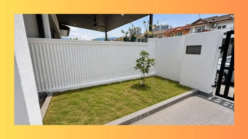 Exterior features: manicured lawn, small tree, white painted wall, paved walkway, covered porch area, modern gate; style: modern.
