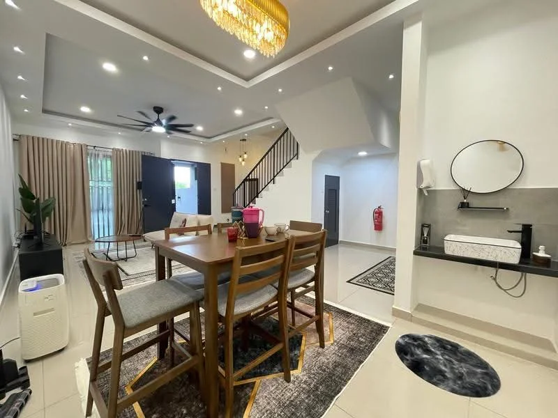 Dining features: 6-seater wooden dining table, high-back upholstered dining chairs, pendant light fixture, ceiling fan with light, recessed downlights, wall-mounted mirror, decorative wall clock, area rug with geometric pattern; style: modern. Living features: sofa, TV console, floor-to-ceiling windows with sheer curtains, plant in ceramic pot, air conditioning unit; style: modern. Kitchen features: single-bowl stainless-steel sink, chrome pull-down faucet, grey cabinetry, countertop with backsplash, built-in appliances, fire extinguisher; style: modern.
