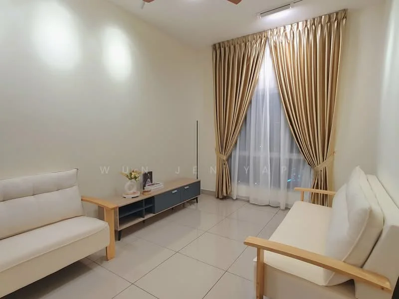 Living features: cream painted walls, glossy tile flooring, 2-seater fabric sofa in white, 2-seater wooden sofa, wooden coffee table, floor-to-ceiling window, sheer curtains, golden drapes, ceiling fan with light; style: modern.