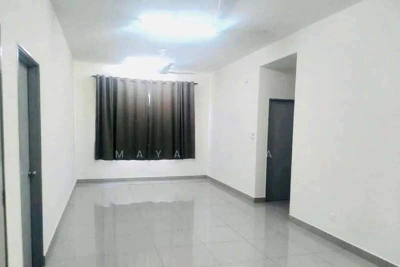 Room features: white painted walls, grey tiled flooring, floor-to-ceiling windows, blackout curtains, ceiling lights, door with handle, door frame, corner wall; style: modern.