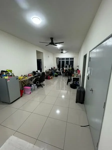 Room features: white painted walls, glossy tile flooring, ceiling lights, 2 ceiling fans, large windows, multiple work desks, office chairs, refrigerator, storage boxes, various items on tables; style: modern.