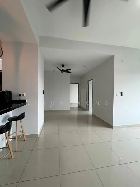 Living features: white painted walls, glossy ceramic tile flooring, 5-blade ceiling fan, open layout, large windows, neutral color scheme, bar counter with stools, doorway leading to other rooms; style: modern.